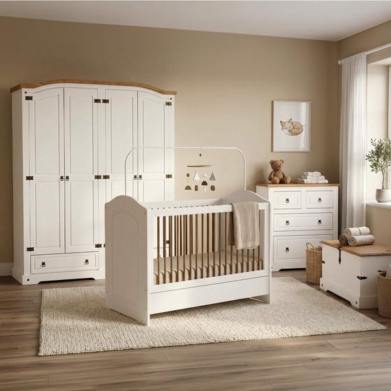 Conjunto Quarto de Bebê 4 Peças com Berço Cômoda Guarda-Roupa e Baú MDF Bege Retrô Smile