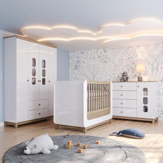 Conjunto Quarto de Bebê Berço 2 em 1, Guarda-Roupa e Cômoda Sophia Espresso Móveis Branco/Jequitiba