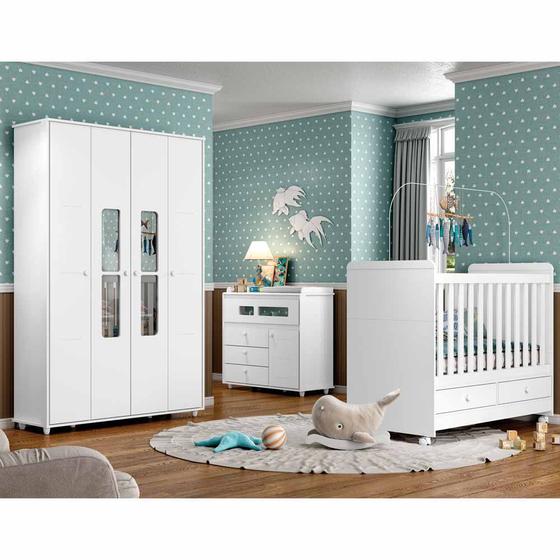 Imagem de Conjunto Quarto de Bebê com Berço Mini-cama, Cômoda e Guarda-roupa Aquarela Henn - Branco