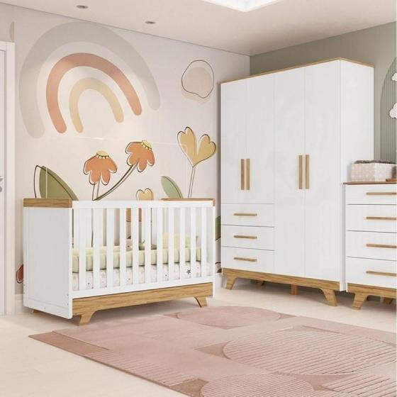 Conjunto Quarto de Bebê com Guarda Roupa e Berço Kakau Retrô Espresso Móveis Branco Brilho/Amêndoa Menor preço em Conjunto Quarto de Bebê com Guarda Roupa e Berço Kakau Retrô Espresso Móveis Branco Brilho/Amêndoa