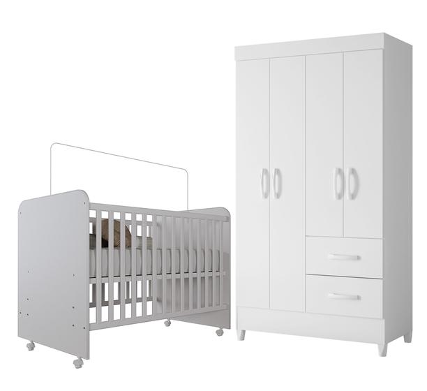 Imagem de Conjunto Quarto de Bebê Completo com GuardaRoupa 3 Portas e Berço com Rodinhas  Branco Moderno, Seguro e Funcional