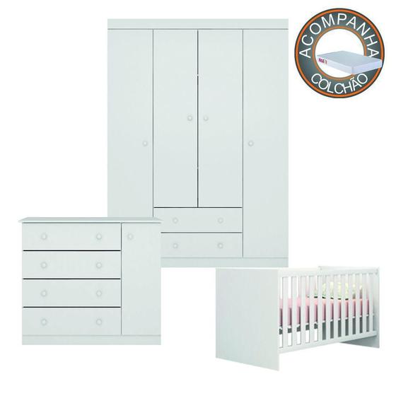 Imagem de Conjunto Quarto de Bebê Guarda Roupa, Cômoda Helena e Berço 1344 com Colchão Liso Phoenix Qmovi Prorelax