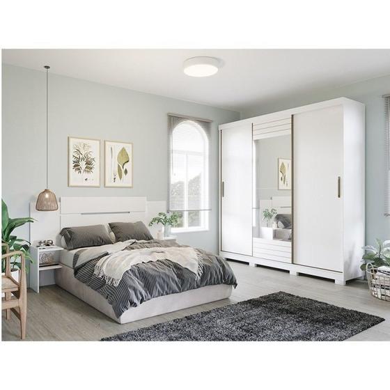 Imagem de Conjunto Quarto de Casal 1 Guarda Roupa com Espelho Buzios 1 Cabeceira Extensível Mila