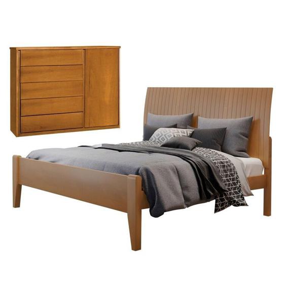 Imagem de Conjunto Quarto de Casal Cama em Madeira Maciça e Cômoda 5 Gavetas com Sapateira Unique Amêndoa Mel