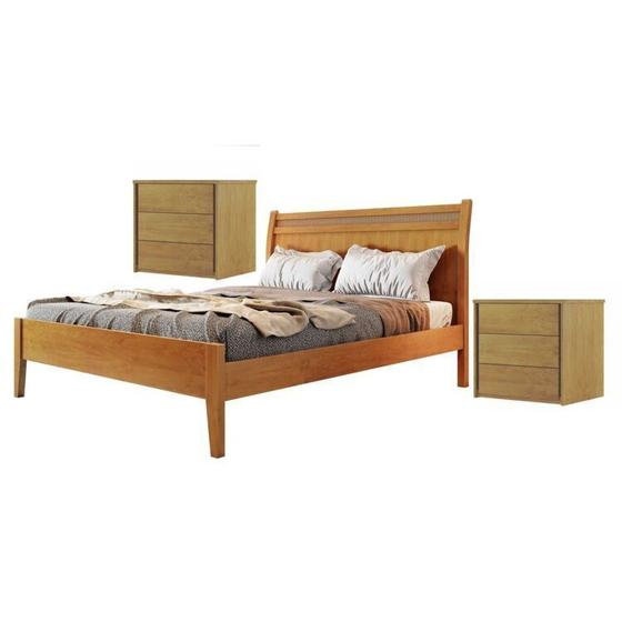 Imagem de Conjunto Quarto de Casal Cama em Madeira Maciça Rattan e 2 Mesas de Cabeceira 3 Gavetas Unique Amêndoa Mel