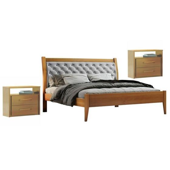 Imagem de Conjunto Quarto de Casal Cama Queen 160cm e 2 Mesas de Cabeceira 2 Gavetas Unique Amêndoa Mel/Cinza Claro