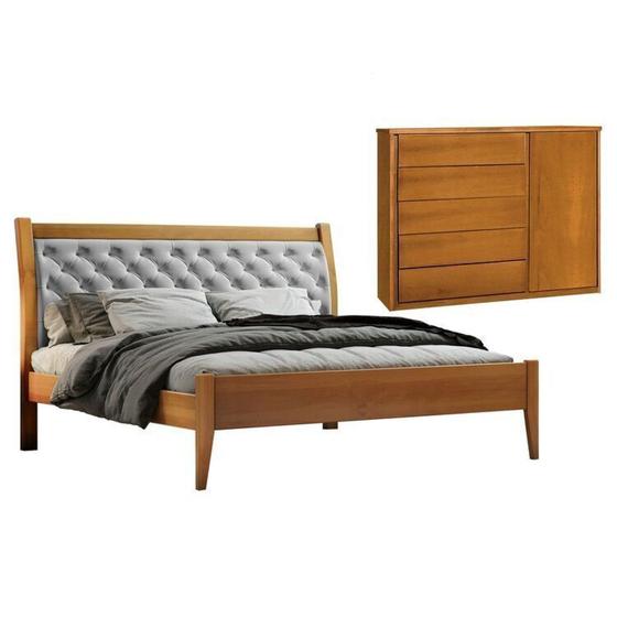 Imagem de Conjunto Quarto de Casal Cama Queen 160cm Vivare e Cômoda 5 Gavetas com Sapateira Unique Amêndoa Mel/Cinza Claro