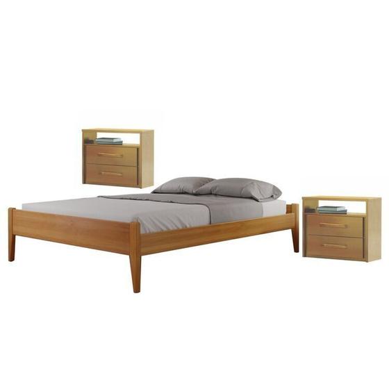 Imagem de Conjunto Quarto de Casal Cama Queen Madeira Maciça e 2 Mesas de Cabeceira 2 Gaveta 1 Nichos Unique