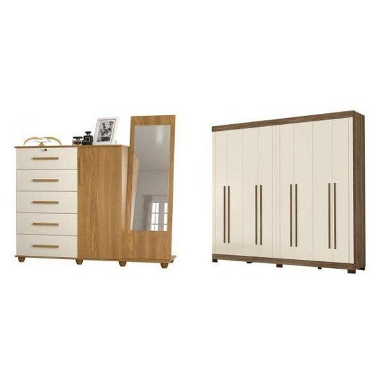 Conjunto Quarto de Casal GuardaRoupa 8 Portas 4 Gavetas e Cômoda com