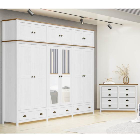 Imagem de Conjunto Quarto: Guarda-Roupa 12 Portas, Cômoda 8 Gavetas Branco/Freijó Topázio Madeira Pinus - Finestra