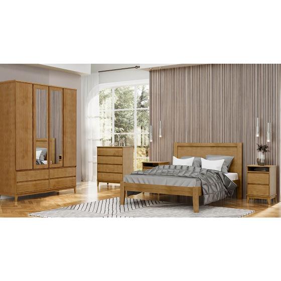 Imagem de Conjunto Quarto: Guarda-Roupa 4 Portas Cama Casal Cômoda 2 Mesas Cabeceiras Prata Freijó Madeira Pinus - Finestra