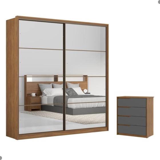 Imagem de Conjunto Quarto Guarda Roupa com 2 Espelhos e Comoda Napolis Amendola Grafito
