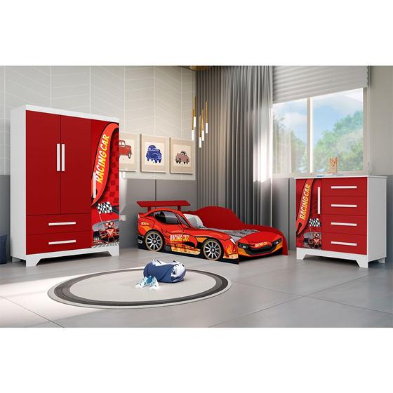 Imagem de Conjunto Quarto Infantil Carros Cama Solteiro com Proteção Lateral Cômoda Roupeiro Mdf - Vermelho