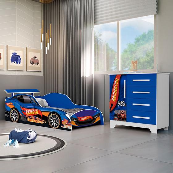 Imagem de Conjunto Quarto Infantil Carros - Cama Solteiro Proteção Lateral com Colchão e Comoda Mdf - Azul