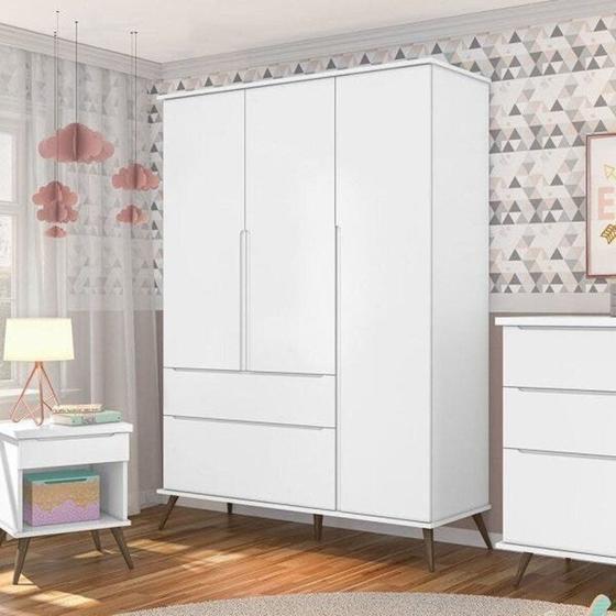 Conjunto Quarto Infantil com Guarda-roupa 3 Portas e Cômoda com Sapateira Melinda 100% Mdf Branco Menor preço em Conjunto Quarto Infantil com Guarda-roupa 3 Portas e Cômoda com Sapateira Melinda 100% Mdf Branco