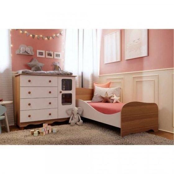 Imagem de Conjunto Quarto Infantil com Mini Cama e Cômoda 4 Gavetas e 1 Porta Uli Espresso Móveis Branco/Carvalho