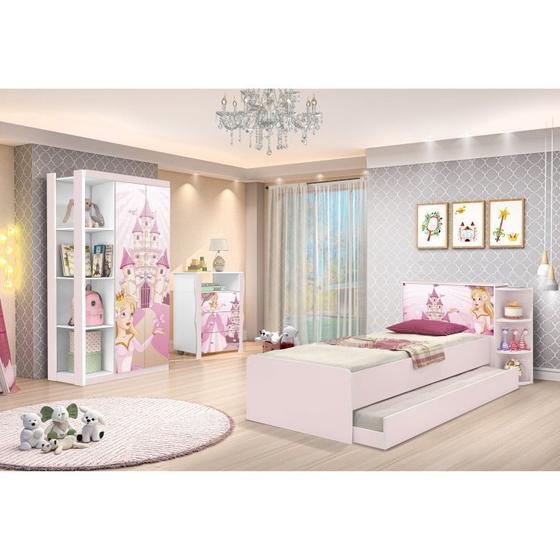 Imagem de Conjunto Quarto Infantil Guarda Roupa 2 Portas Cômoda 3 Gavetas Lara e Cama Princesa Rosa