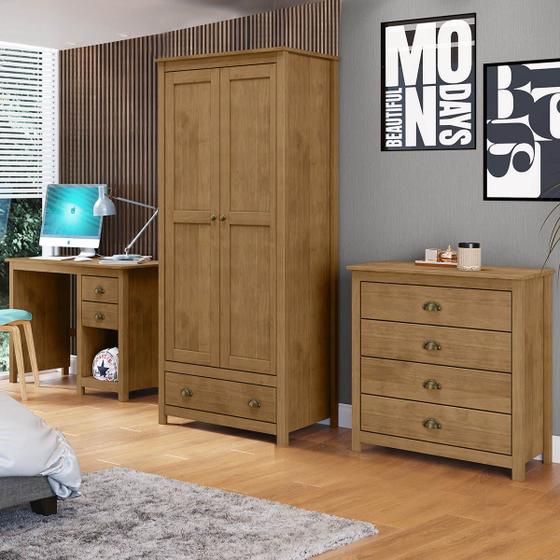 Imagem de Conjunto Quarto Topázio Freijó: Guarda-Roupa Casal 2 Portas, Escrivaninha, Cômoda 4 Gavetas Madeira Pinus - Finestra
