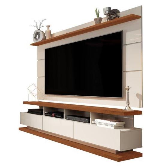 Imagem de Conjunto Rack Com Painel Ares 1.80m Estilo Retrô Com 3 Gavetas Para TV Até 65'' Fabricado em MDP Com Rodízios Cor Off White/Freijó