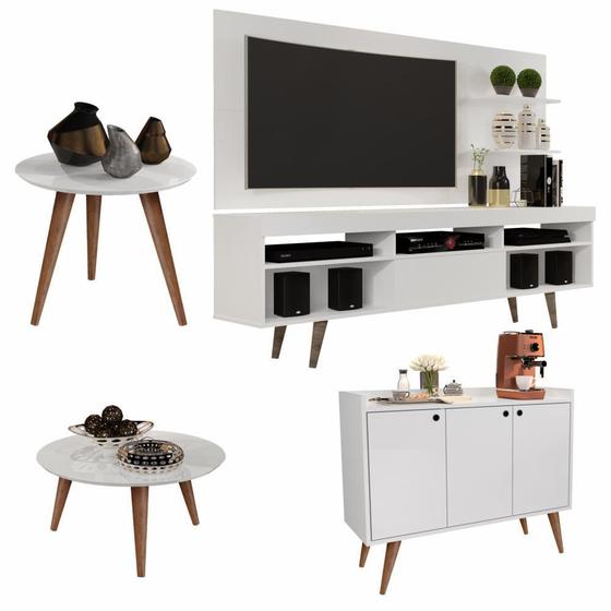 Imagem de Conjunto Rack e Painel Línea/Aparador Buffet Wood/Mesa de Centro e Lateral Cissa - Branco - RPM