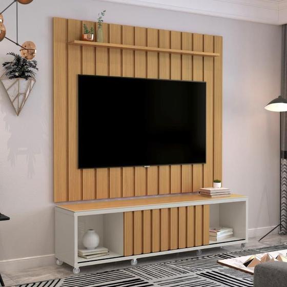 Imagem de Conjunto Rack + Painel BR 2,20m ripado com Bordas Laqueadas e Prateleira Superior Tampo Duplo Gavetas com Acabamento em Rathan e Corrediças Telescópic