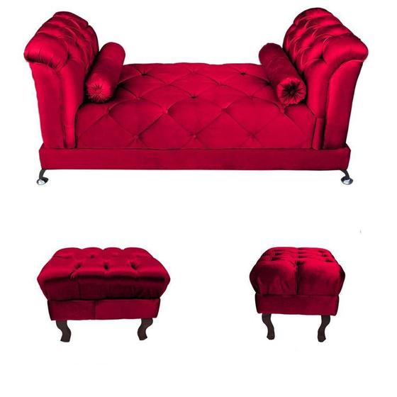Conjunto Recamier Sofá Athenas e 2 Puffs Retro Suede Vermelho Acetiando - DL Decor Menor preço em Conjunto Recamier Sofá Athenas e 2 Puffs Retro Suede Vermelho Acetiando - DL Decor