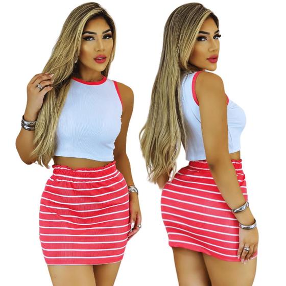 Imagem de Conjunto Ribana Feminino Blusa e Saia Listrada Cintura Alta Com Elástico Tecido Algodão