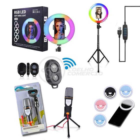 Imagem de Conjunto Ring Light RGB com Tripé de 1,5m + Microfone SF-666 + Disparador de Fotos + Mini Ring Light