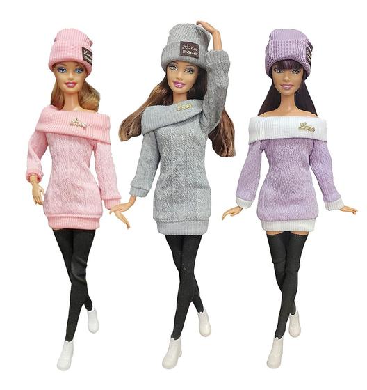 Imagem de Conjunto Roupa Barbie Vestido Lã + Meias + Touca + Tênis