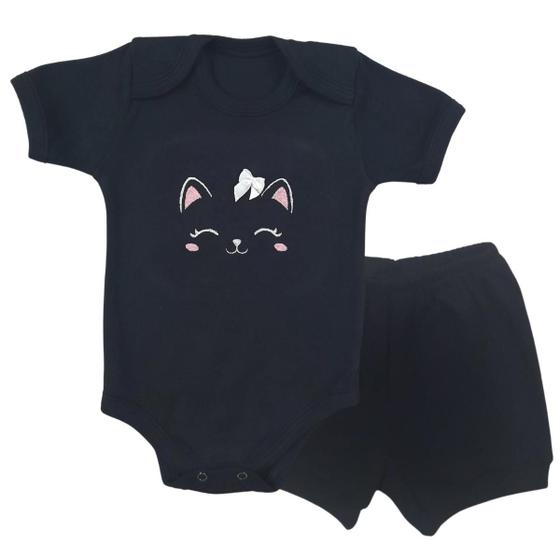 Imagem de Conjunto Roupa Bebê Menina Body Gatinha e Short Tapa Fralda Infantil