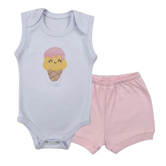 Imagem de Conjunto Roupa Bebê Menina Body Regata Bordado Sorvetinho e Short Tapa Fralda Verão Infantil