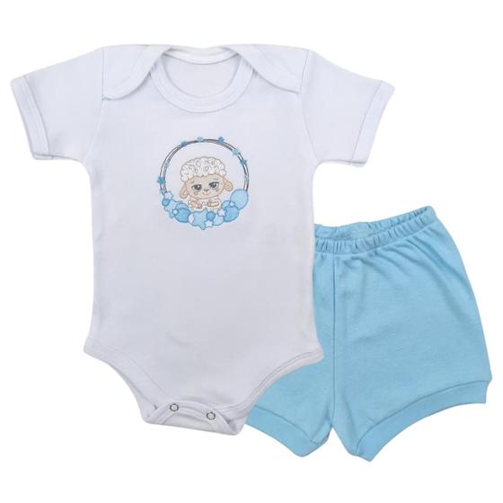 Imagem de Conjunto Roupa Bebê Menina Menino Body Ovelhinha Safari e Short Tapa Fralda Infantil