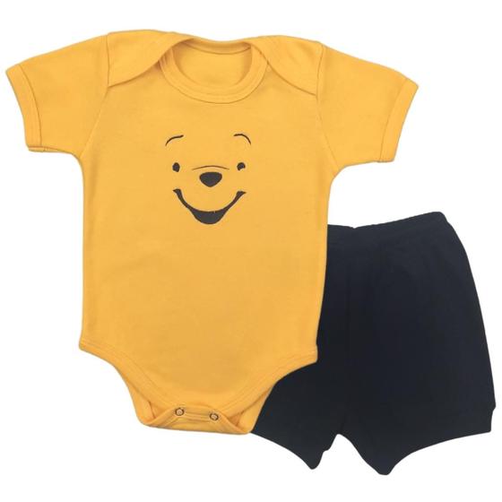 Imagem de Conjunto Roupa Bebê Menina Menino Body Ursinho Pooh e Short Tapa Fralda Temático Mêsversário