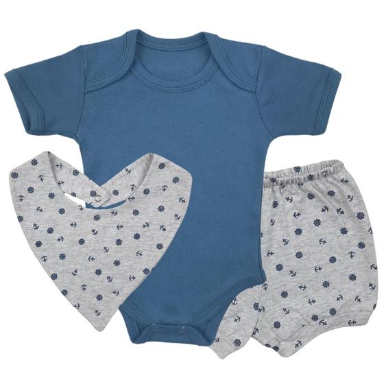 Imagem de Conjunto Roupa Bebê Menino Body e Short Tapa Fralda Âncora + Babador Infantil