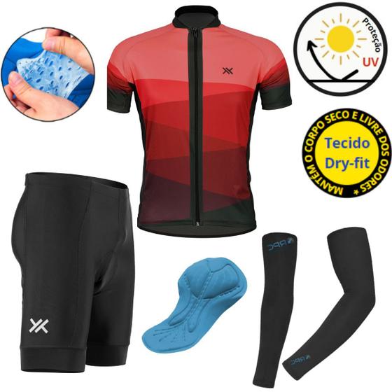 Imagem de Conjunto Roupa Camisa Bermuda Manguito Ciclismo Bike Proteção Uv Shorts Forro Gel Camiseta Dry Fit