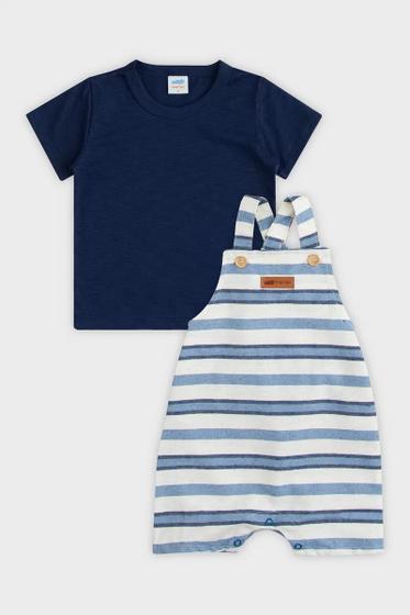 Imagem de Conjunto Roupa Infantil Menino Jardineira Listrada + Camiseta Básica Gola Redonda Verão Marlan