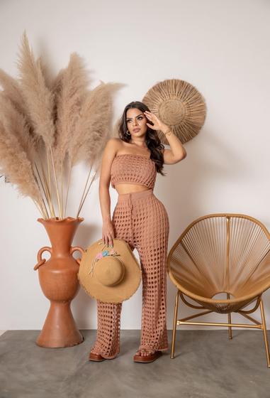 Imagem de Conjunto Saída De Praia Calça Pantalona Cropped Tricot Verão