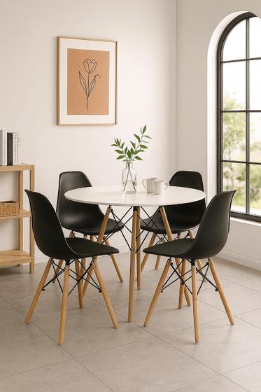 Imagem de Conjunto Sala Cozinha Jantar Mesa Eiffel 90cm MDF Cor Beanco com 04 Cadeiras Eiffel Eames Cor Preto