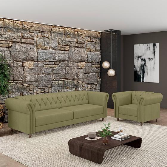 Imagem de Conjunto Sala de Estar 1 Sofá Living 180cm e 2 Poltronas Stanford Chesterfield Pés Madeira Couro Fendi G58 - Gran Belo