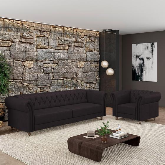 Imagem de Conjunto Sala de Estar 1 Sofá Living 200cm e 1 Poltrona Stanford Chesterfield Pés Madeira Couro Borgonha G58 - Gran Belo