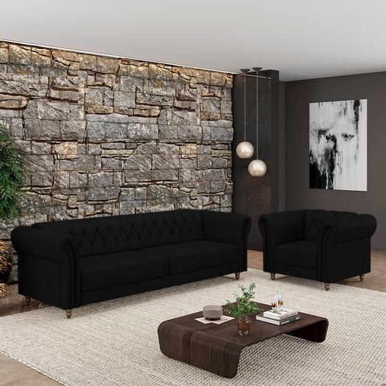 Imagem de Conjunto Sala de Estar 1 Sofá Living 200cm e 1 Poltrona Stanford Chesterfield Pés Madeira Couro Preto G58 - Gran Belo