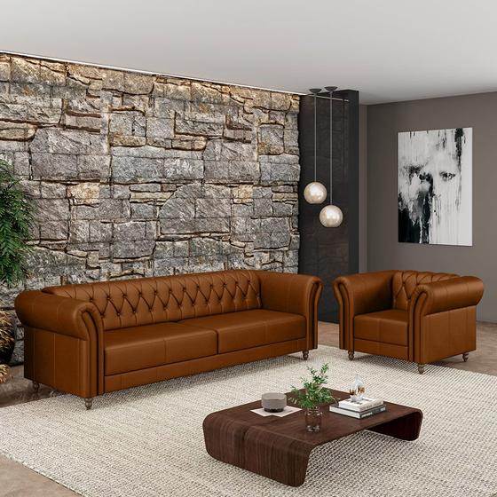 Imagem de Conjunto Sala de Estar 1 Sofá Living 220cm e 1 Poltrona Stanford Chesterfield Pés Madeira Couro Caramelo G58 - Gran Belo