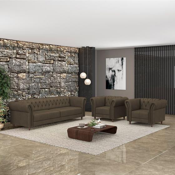 Imagem de Conjunto Sala de Estar 1 Sofá Living 220cm e 2 Poltronas Stanford Chesterfield Pés Madeira Couro Capuccino G58 - Gran Belo