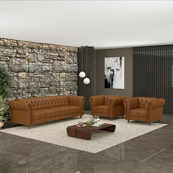 Imagem de Conjunto Sala de Estar 1 Sofá Living 220cm e 2 Poltronas Stanford Chesterfield Pés Madeira Couro Mel Manchado G58 - Gran Belo