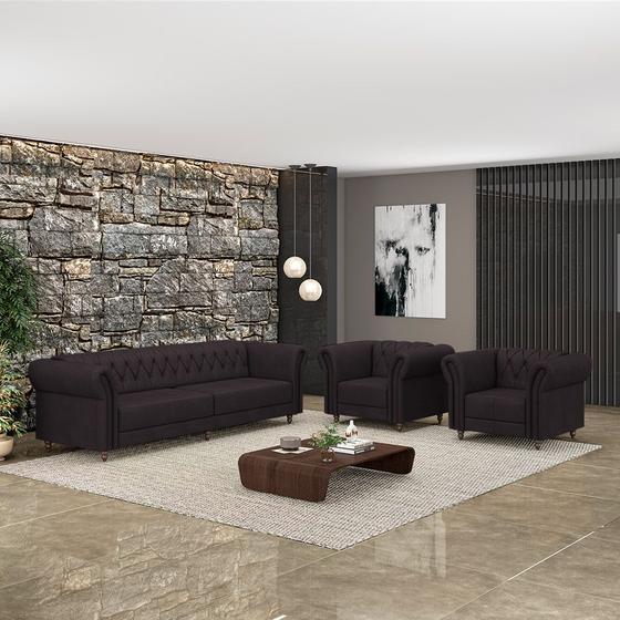 Imagem de Conjunto Sala de Estar 1 Sofá Living 240cm e 2 Poltronas Stanford Chesterfield Pés Madeira Couro Borgonha G58 - Gran Belo