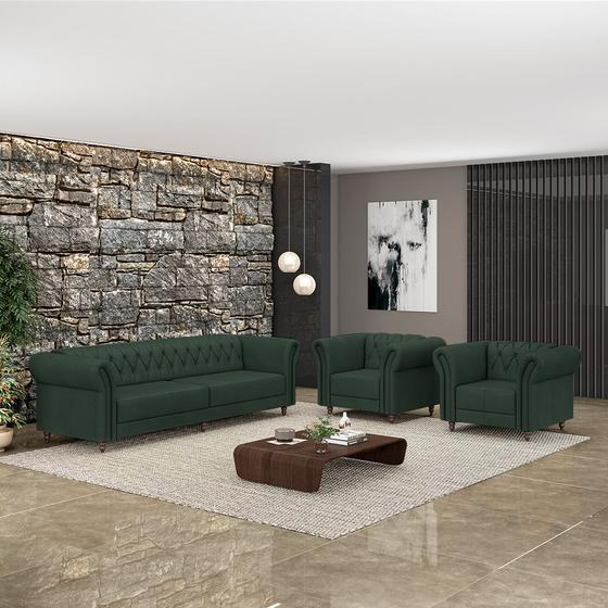 Imagem de Conjunto Sala de Estar 1 Sofá Living 260cm e 2 Poltronas Stanford Chesterfield Pés Madeira material sintético G58 - Gran Belo