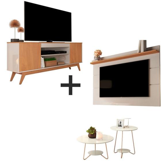 Imagem de Conjunto Sala de Estar com Rack, Painel TV 55 Off White/Nature, Mesa de Centro e Mesa de Apoio Off White