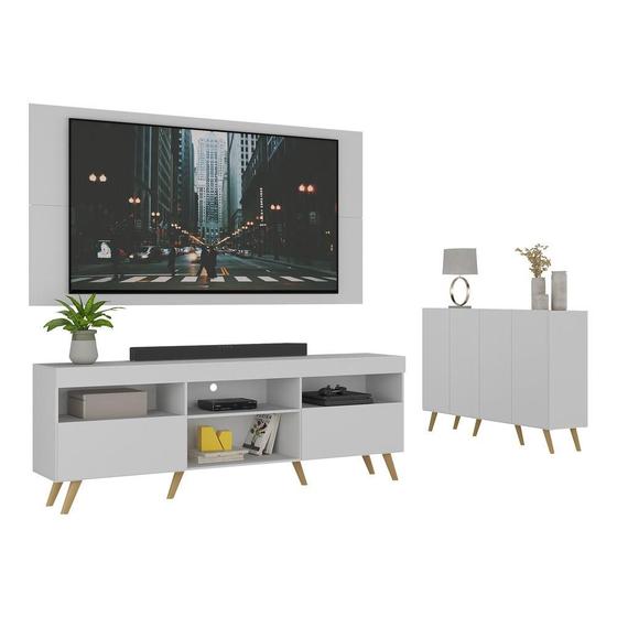 Imagem de Conjunto Sala de Estar Rack + Painel TV 65" e Aparador Retrô Sofia Multimóveis Branco/Natural