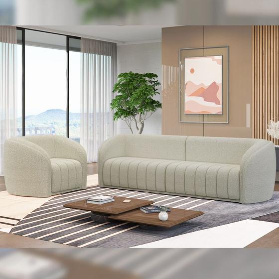 Imagem de Conjunto Sala de Estar Sofá 332cm 4 Lugares e Poltrona Adam Boucle Off White G45 - Gran Belo