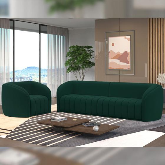 Imagem de Conjunto Sala de Estar Sofá 332cm 4 Lugares e Poltrona Adam Veludo Verde G45 - Gran Belo